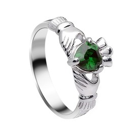 GALWAY Claddagh Heart Shaped Green Crystal Ring for Women, Durable Irish Friendship Jewelry, Rhodium-Plated 925 Sterling Silver, Ideal Present for Birthdays, Anniversaries, Christmas - Size 7.5