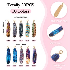 Craftdady 20Pcs Enamel Feather Charms Colorful Printed Wing Feather Alloy Pendants Native American Indian Charms Plumage Metal Dangle Charms for DIY Crafts Earring Necklace Keychain Jewelry Making