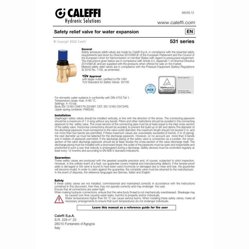 Caleffi Safety Valve for Sanitary Systems 3/4 Inch x 4