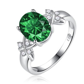 Bonlavie 925 Sterling Silver Ring for Women, Solitaire Oval Cut Cubic Zirconia/Green Emerald/Blue Sapphire ring, Rhodium Plated Bridal Engagement Wedding Band, Size N