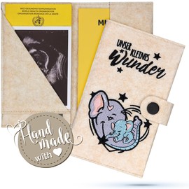 Emadele Mother and Child Passport Cover Elephant 'Unser Kleines Wunder' Beige Felt Handmade Maternity Pass Organiser Compartments for Ultrasound Images, Vaccination Certificate Cover Format for