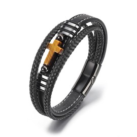 JSDDE Tiger's Eye Cross Leather Bracelet for Men Braided Leather Bracelet Men's Bracelet Leather Band Pearl Bracelet for Men, One size, Leather Stainless Steel Leather Tiger's Eye Stainless steel