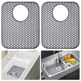LONGFITE Sink Protector Mats 2 Pcs Silicone Kitchen Sink Mat Draining Heat Proof Mat with Rear Center Drain (Rear Drain)