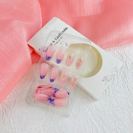 French Press on Nails Short Almond Fake Nails with Designs Rhinestone Glue on nails Purple Acrylic False Nails Glossy Artificial Nails Press ons Full Cover Stick on Nails for Women 24Pcs