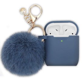 Filoto Compatible with Airpod 2&1 Case Cover, Cute Silicone Protective Accessories Cases/Keychain/Pompom, Best Gift for Girls and Women, Denim Blue