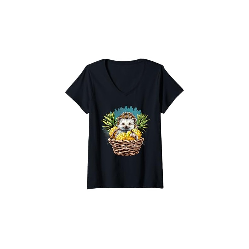 Womens Pineapple Hedgehog Pineapples Fruit Hedgehog Lover Drawing V-Neck T-Shirt