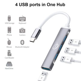 USB C Hub,Vunvooker 4 Ports Mini USB Dongle with USB C to USB Adapter,USB C Expander Hub for Laptop(3 USB2.0,1 USB3.0),Ultra Slim Portable Data Hub for MacBook Pro/Air,iMac,Surface Pro,XPS,PC(Grey)