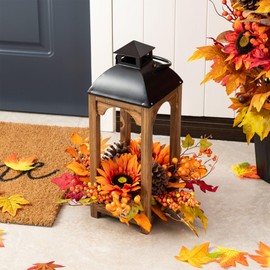 Glitzhome 20" H Lantern Decor for Fall Harvest - Sunflower, Pinecone and Berry Hanging Lantern, Autumn Wood Tabletop Centerpiece