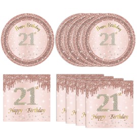 KHAIVI 21st Birthday Rose Gold Party Supplies Rose Gold Birthday Supplies Plates and Napkins Happy 21 Birthday Disposable Tableware Party Supplies For Girls Women