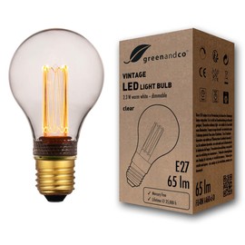 greenandco Dimmable Vintage Design LED Bulb for Mood Lighting | E27 A60 | Clear | 2.3W 65lm | 1800K Extra Warm White | 320° | 230V | Flicker-Free | Edison Bulb