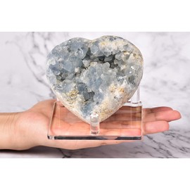 AMOYSTONE Heart Celestite Crystal Geode Raw Healing Crystal Blue Crystal Clusters Large Celestite Geode for Reiki, Collection, Gifts with Plastic Stand 4"-4.4"