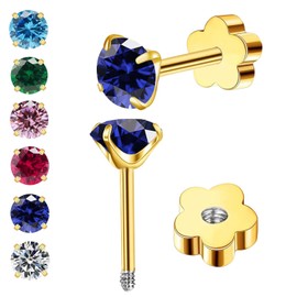 3mm G23 Flat Back Earrings for Women,14k Gold Plated Hypoallergenic Nap Screw Back Stud Earrings,Tiny Cubic Zirconia Earrings,Cartilage Nap Helix Earrings for Women (Blue Sapphire)