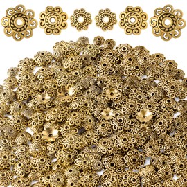 PAGOW 300pcs 8mm/10mm/12mm Spacer Beads Flower Bead Caps Valentines Birthday Wedding Prom Jewelry DIY Findings for Necklace Bracelet Making(Golden)