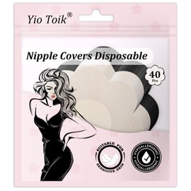 Yio Toik Nipple Covers For Women Disposable Hypoallergenic Nipple pasties Breast Petals Seamless Pasties Stickers-40 Pcs (Beige/Black)