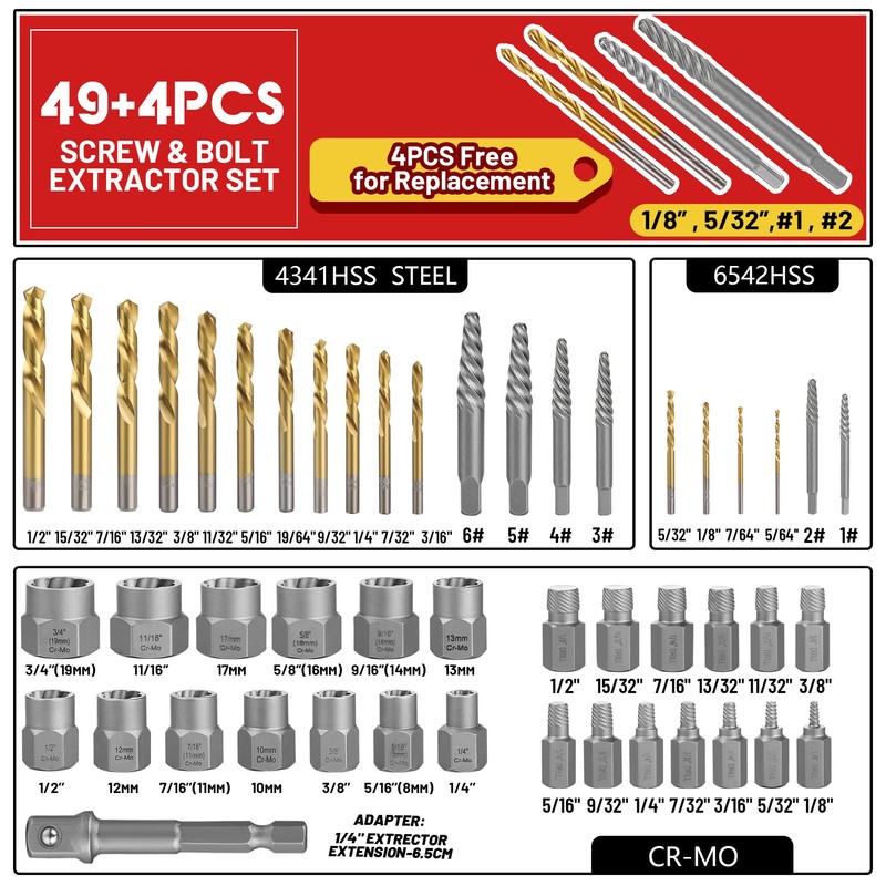 UYECOVE 53 Pcs Spiral Screw Extractor Bolt Extractor Set, 6542/4341