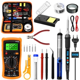 Soldering Iron Set, 60 W LCD Soldering Iron Adjustable Temperature 180-500 °C, Soldering Iron Soldering Set with Desoldering Pump, Digital Multimeter, Soldering Station, 5 Soldering Tips, Tweezers,
