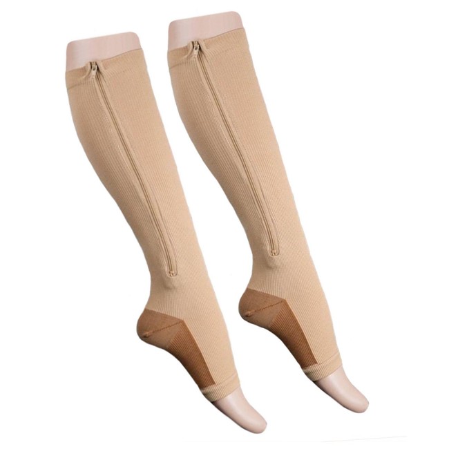 Starmace Leg Calf 20-30 mmHg Compression Zipper Stockings Pressure Circulation Hosiery Varicose Veins Muscle Soreness Zip Up Socks (2XL, Beige)