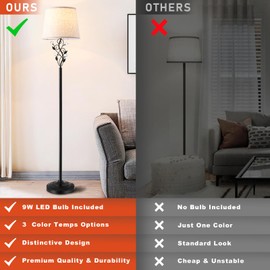 Sheeta 65’’ Floor Lamps for Living Room with 3 Color Temperatures LED Bulb, Standing Lamp Tall Farmhouse Floor Lamp with Rustic Leaf Design, Tall Lamps for Living Room Bedroom Office Reading, Black