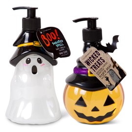 Simple Pleasures Fun Shaped Bottle with Scented Liquid Soap - Plastic Decorative Hand Pump Refillable Soap Dispenser for Kitchen and Bathroom (Set of 2 Ghost & Pumpkin)