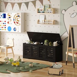 DINZI LVJ Storage Chest, 47.3” Wooden Toy Box with 2 Safety Hinges, Retro Entryway Shoe Storage Bench with Flip-Top, Sturdy Large Storage Trunk for Living Room, Bedroom, Easy Assembly, Espresso