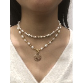 KVLmoze Coin Pearl Choker Necklace 8mm Cultured Handpicked Pearl 18K Gold Plated Bead Ball Chain Coin Charm Pendant Dainty Vintage Jewelry Gifts for Women Girls