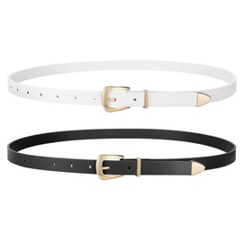 WERFORU 2 Pack Women's Skinny Leather Belts Faux Leather Thin Waist Belts with Gold Buckle Black+White