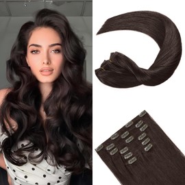 FoxFace Clip in Hair Extensions Real Human Hair, Thick Extensions from Root to Tip, Natural Hair Clip Ins, Dark Brown, 24 Inch 120g 7Pcs