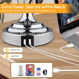 Sheetea 24.5in Modern Table Lamps - Set of 2, Silver with 2 USB Charging Ports, White Bedside Lamps for Nightstand, Unique Vine Leaf Design for End Table Reading