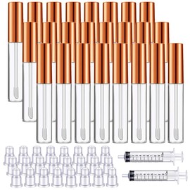 N/A 24pcs 10ml Transparent Lip Gloss Tubes with Brush Tip Refillable Lip Glaze Container and 2pcs 10ml Plastic Syringe for DIY Makeup (Rose Gold)