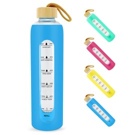 NIDOOT Water Bottle With Time Marker, Motivational Water Bottles, 1L Large Leak Proof BPA Free Water Bottle With Time Reminder, 32oz Glass Water Bottles With Silicone Sleeve and Bamboo Lid (Blue)