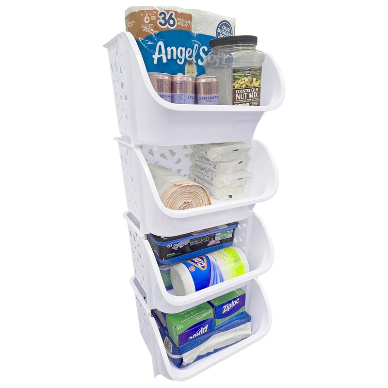 Skywin Plastic Stackable Storage Bins for Pantry White - 4-Pack