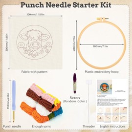 Punch Needle Kit - Cute Cartoon Highland Cow with Daisy Flower Embroidery Starter Craft Set for Beginners DIY Handcraft Punch Needle Embroidery Stitching Kits with Hoop Instructions for Kids Adults