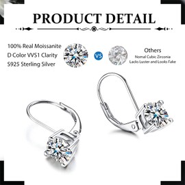 Milacolato Moissanite Earrings 1ct/2ct Brilliant Round Cut D Color VVS1 Clarity Lab Created Diamond Earrings 18K White Gold Plated Hypoallergenic Dangle Earrings Sterling Silver Moissanite Leverback Earrings 6.5MM