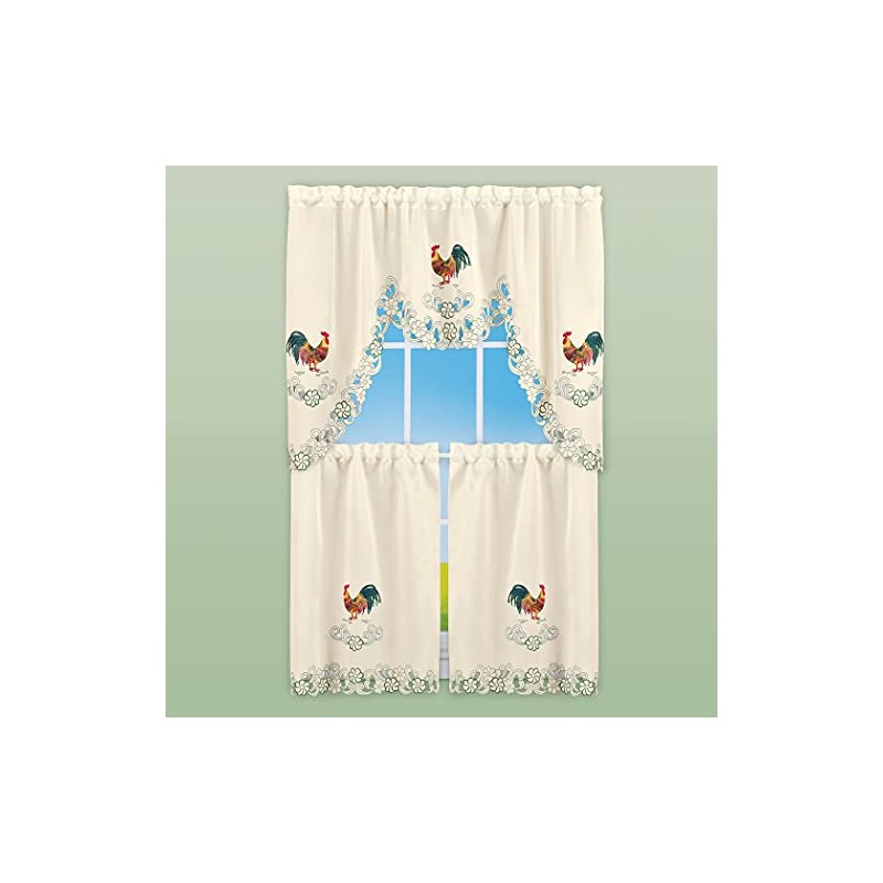 Collections Etc Rooster Embroidered Kitchen Window Curtains