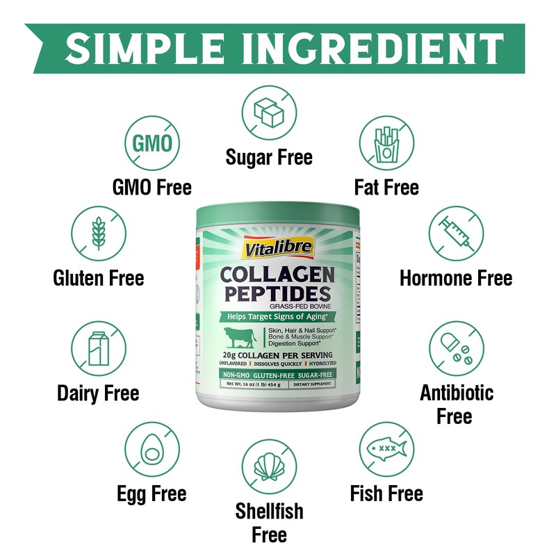 Vitalibre Bovine Collagen Peptides Powder for Women and Men, Grass-Fed