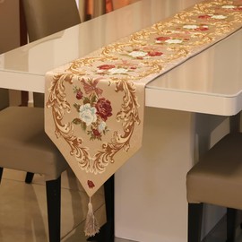 MAGILONA Home Tablecover Decorative Luxurious Cotton Linen Embroidered 3D Floral Pattern Table Runner with Tassel Dining Party 13x83 In (Coffee)