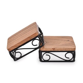 Indus Lifespace Riser Tabletop Square Dessert Stand Risers with Rustic Brown Wood Top Shelf and Metal Wire Base, Set of 2 ( 10.16cm x 10.16cm x 4.44cm)