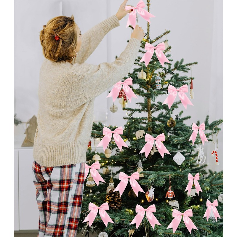 30 Pcs Pink Satin Ribbon Bows, Christmas Tree Bows Wreath