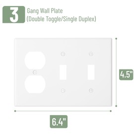 Bates- 3-Gang Light Switch and Outlet Cover Plate, Standard Size 4.5" x 6.4", White, 1 Duplex/2 Toggle Outlet Light Switch Covers with Matching Screws