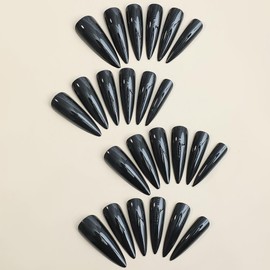 Long Press on Nails, Almond Press on Nails Tip Fake Nails, Solid Colour False Nails with Black Gloss Press ons Designs Acrylic Nails Press on Artificial Nails Stick on Nails For Women 24Pcs