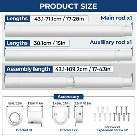 Mavivegue Closet Rod, 17 to 43 Inch Adjustable Closet Rods for Hanging Clothes, White, Hanging Rod for Closet Wardrobes Laundry RV, Bathroom