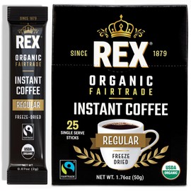 Rex Coffee Organic Fairtrade Freeze-Dried Instant Coffee Sticks, Medium Roast Arabica, 25 Single-Serve Packs, Lab Tested for Mold, Mycotoxins, Heavy Metals, & Acrylamide