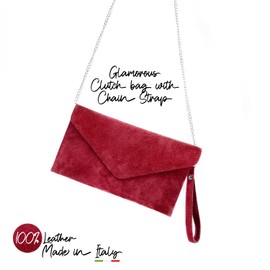 Italian 100% Genuine Suede Leather Envelope Clutch Bags, Flap Clutch Purse with Detachable Chain Strap for Party, Wedding and Occasions (Red)