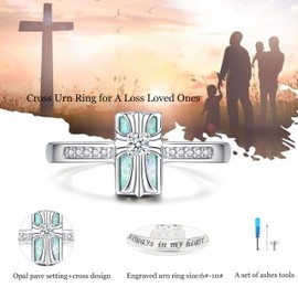 Cross Cremation Ring for Ashes - 925 Sterling Silver Opal Urn Keepsake Rings Memorial Jewelry for Women, 8, Silver, Cubic Zirconia