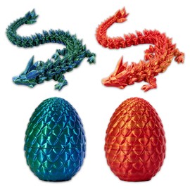 Qixuer 3D Printed Dragon Egg with Dragon, Set of 2 Dragon in Egg Movable Dragon Toy for Children Dragon Lovers and Cars, Offices, Houses (Red Gold + Blue Green)
