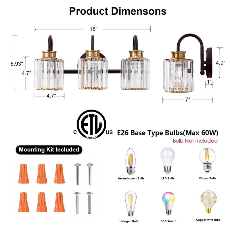 ALAISLYC ORB Bathroom Light Fixtures with K9 Crystal Lampshade Bathroom