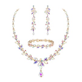 EVER FAITH Austrian Crystal Bridal Jewelry Sets for Wedding, Elegant Marquise Rhinestone Leaf Women Necklace Dangle Earrings Tennis Bracelet Set for Brides Bridesmaid All Iridescent AB Gold-Tone
