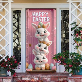 Printspree Easter Bunny Door Cover 6x2.9ft – Happy Easte Door Banner Pink Design with Adorable Stacked Rabbits and Eggs for Home, Events, Parties, Indoor and Outdoor Decorations