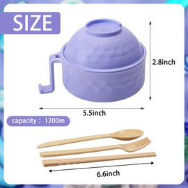 1 Set Microwave Ramen Cooker 40oz Wheat Straw Microwave Noodle Bowl Set with Chopsticks, Spoon, Fork, College Dorm Office Apartment Essentials (Purple)