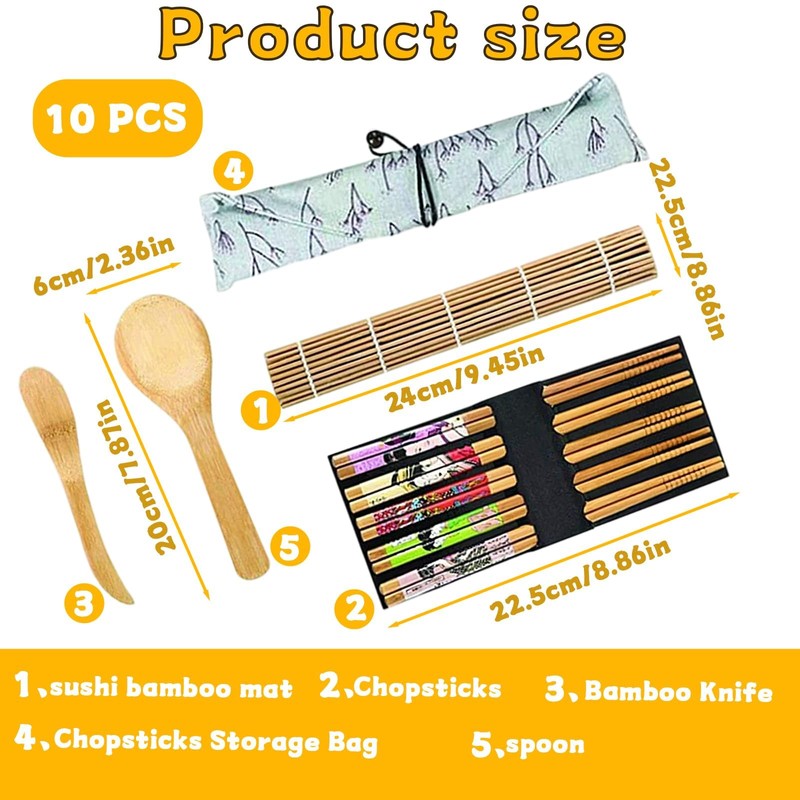 10Pcs Sushi Making Kit, Bamboo Sushi Rolling Mat, Includes 2